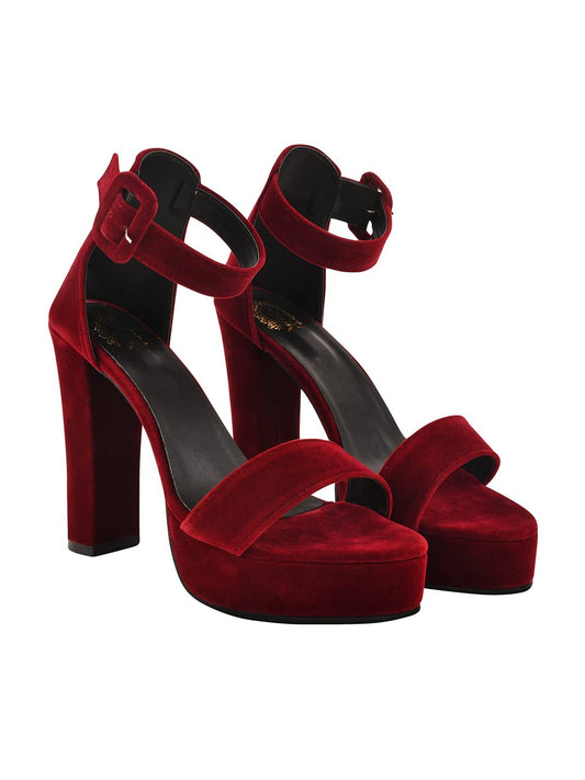 Women’s Red Velvet Platform Block Heel Sandals – Ankle Strap Party Heels