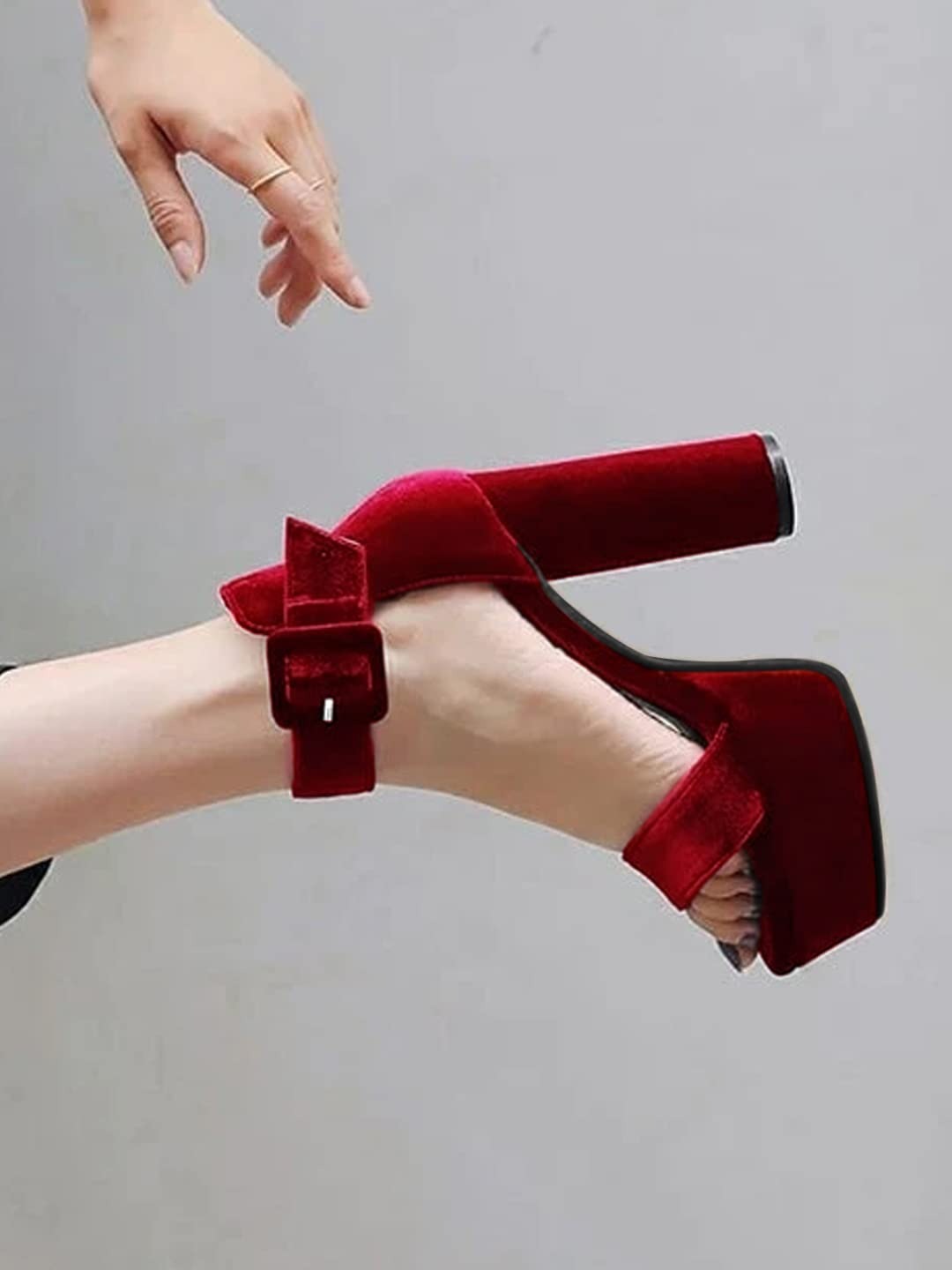 Women’s Red Velvet Platform Block Heel Sandals – Ankle Strap Party Heels