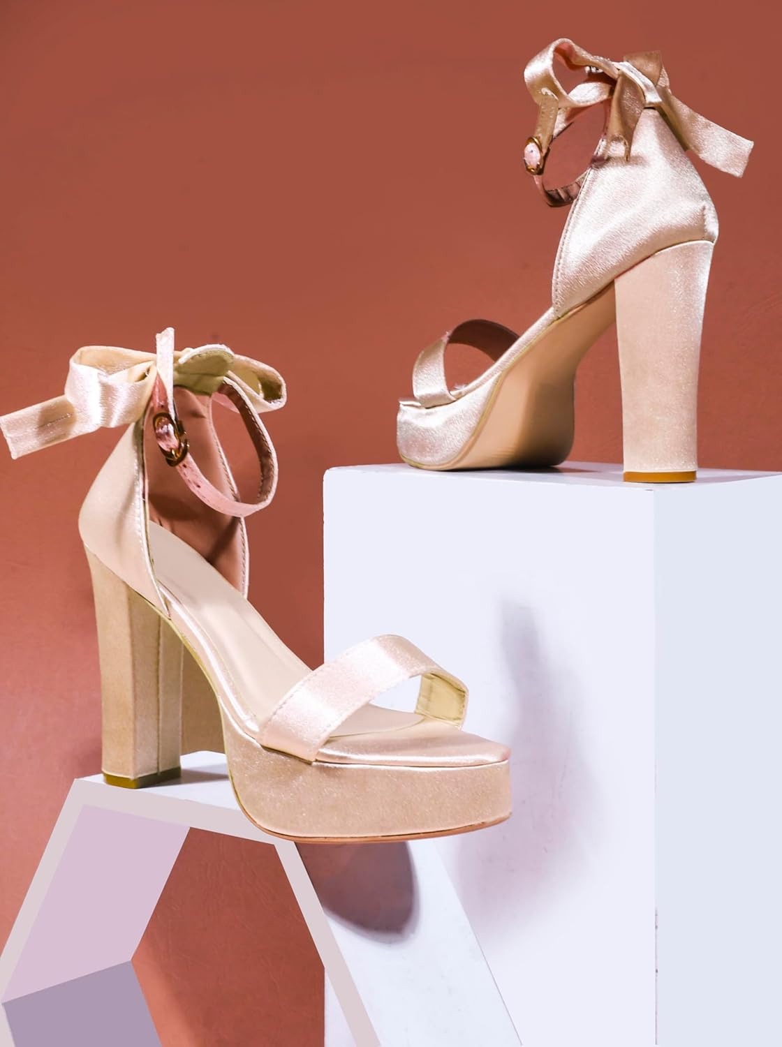 Women’s Champagne Satin Platform Block Heel Sandals – Ankle Strap Party & Wedding Heels