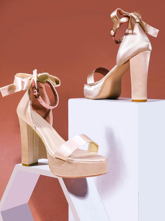 Women’s Champagne Satin Platform Block Heel Sandals – Ankle Strap Party & Wedding Heels