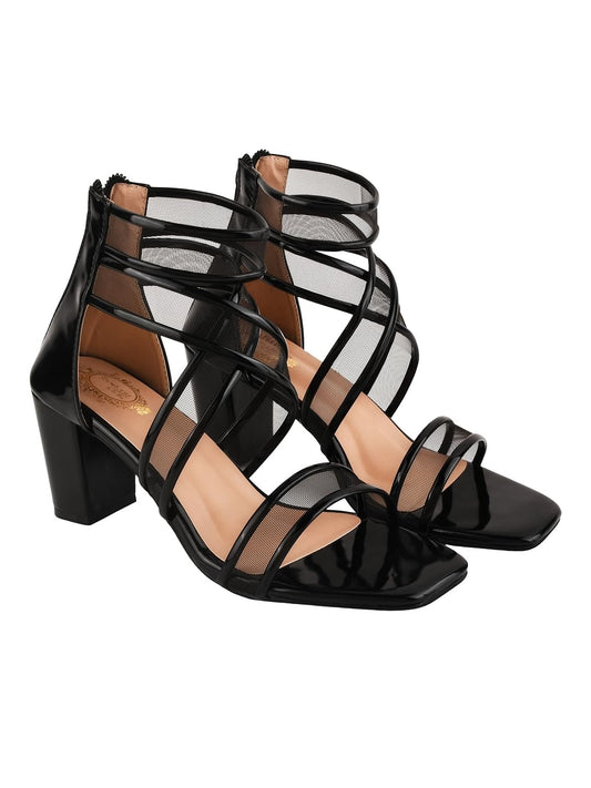 Women’s Black Mesh Strappy Block Heel Sandals – Transparent Panel Party Heels