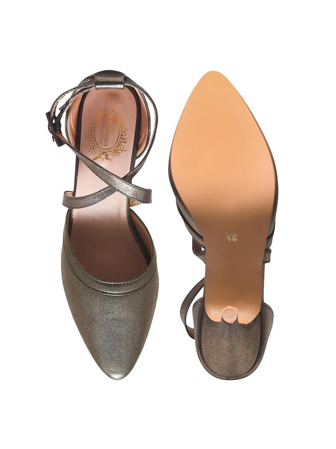 Women’s Metallic Cross Strap Pointed Toe Heels – Elegant Ankle Strap Party Pumps