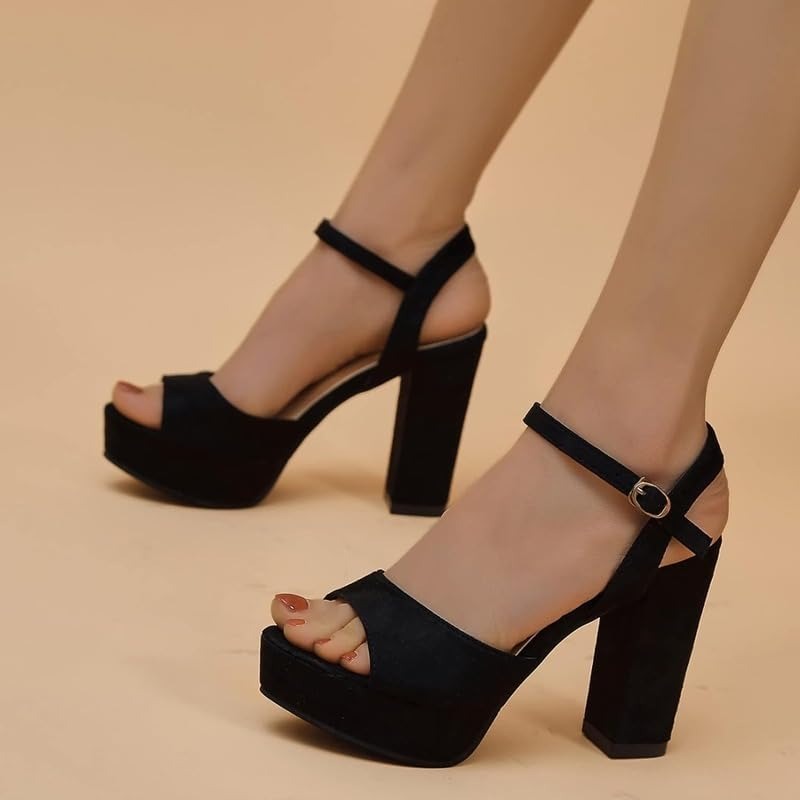 Women’s Black Platform Block Heel Sandals – Ankle Strap High Heels Party & Casual Wear