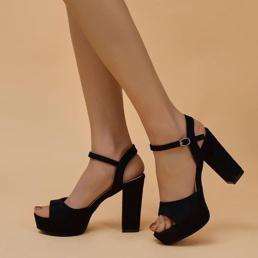 Women’s Black Platform Block Heel Sandals – Ankle Strap High Heels Party & Casual Wear